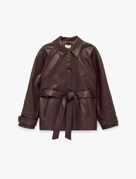 Uzun Kollu Cepli Kemerli Suni Deri Ceket