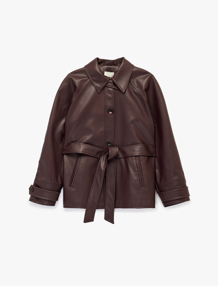  Uzun Kollu Cepli Kemerli Suni Deri Ceket