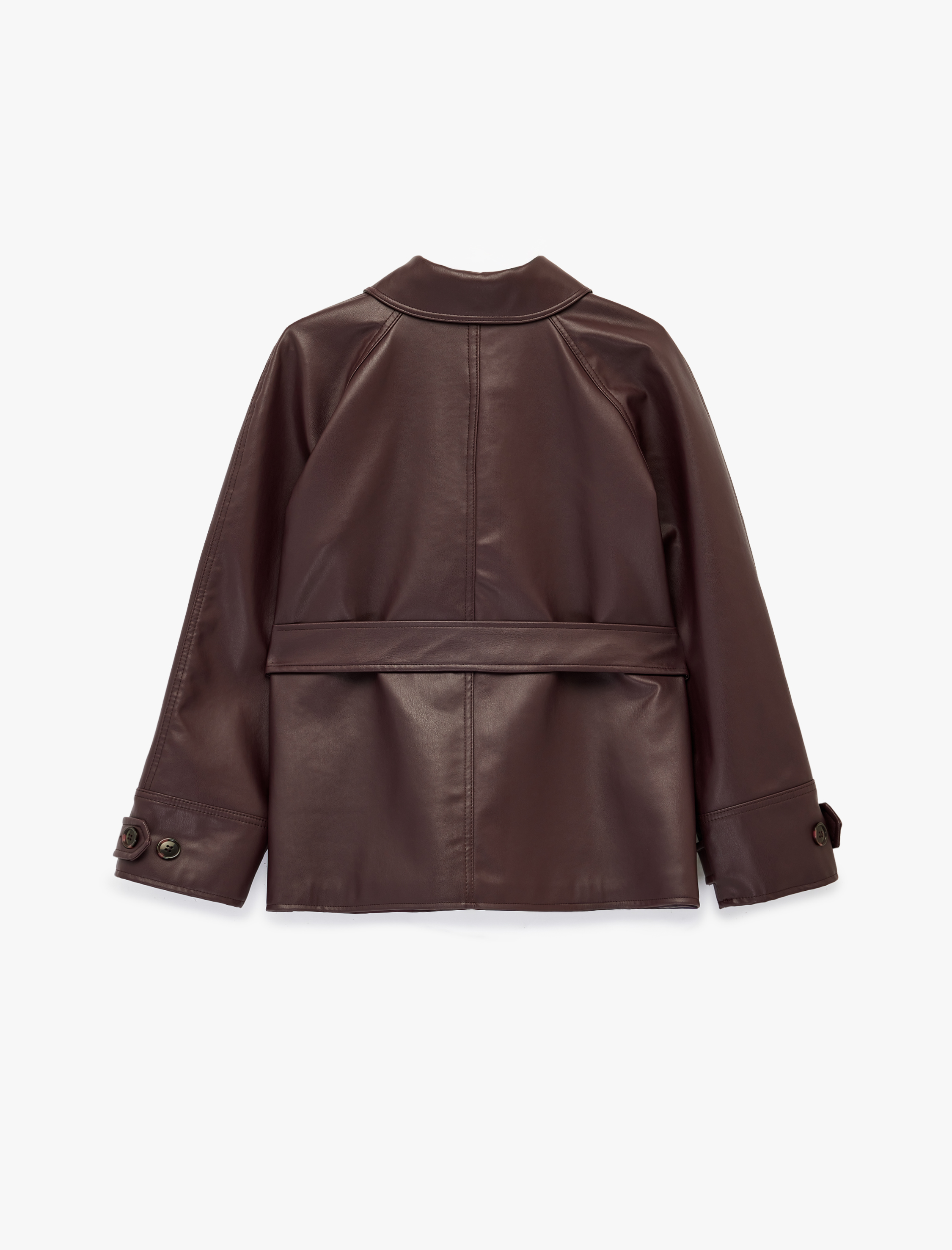   Uzun Kollu Cepli Kemerli Suni Deri Ceket