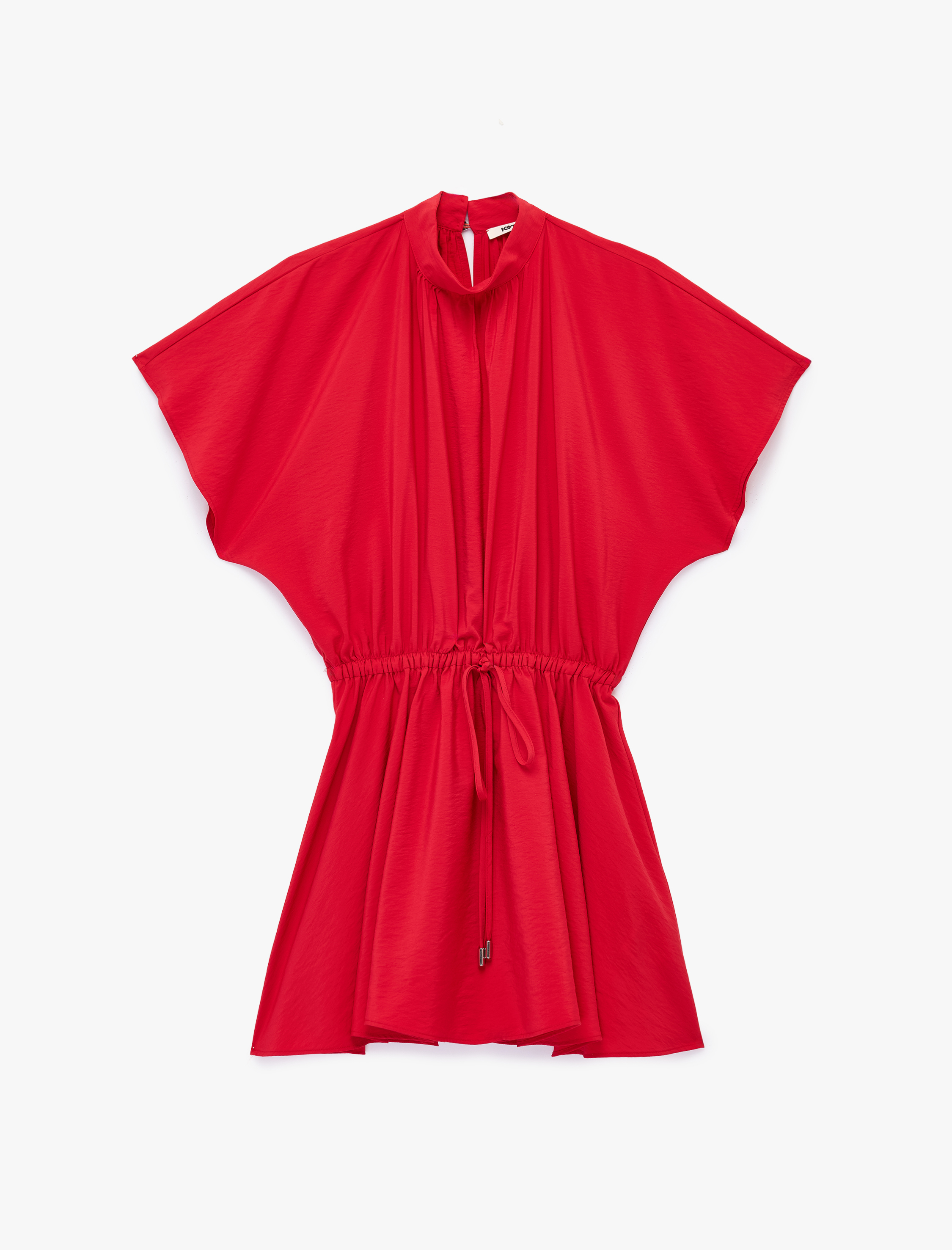   Beli Bağcıklı Dik Yaka Yarasa Kollu Mini Elbise