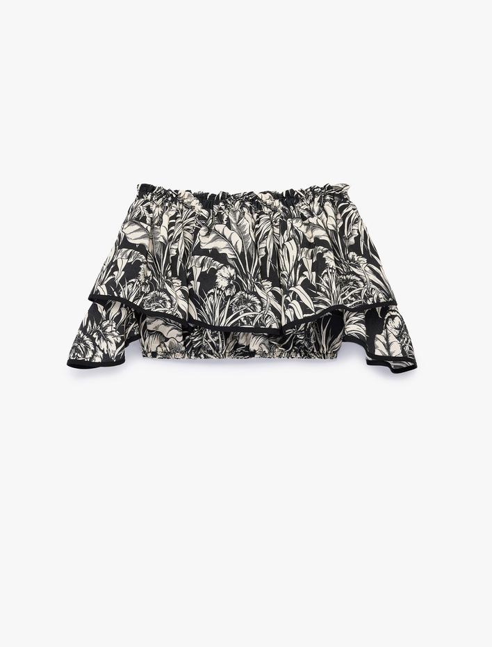  Floral Desenli Fırfırlı Omuzu Açık Crop Bluz