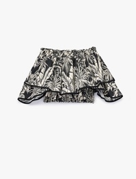 Floral Desenli Fırfırlı Omuzu Açık Crop Bluz