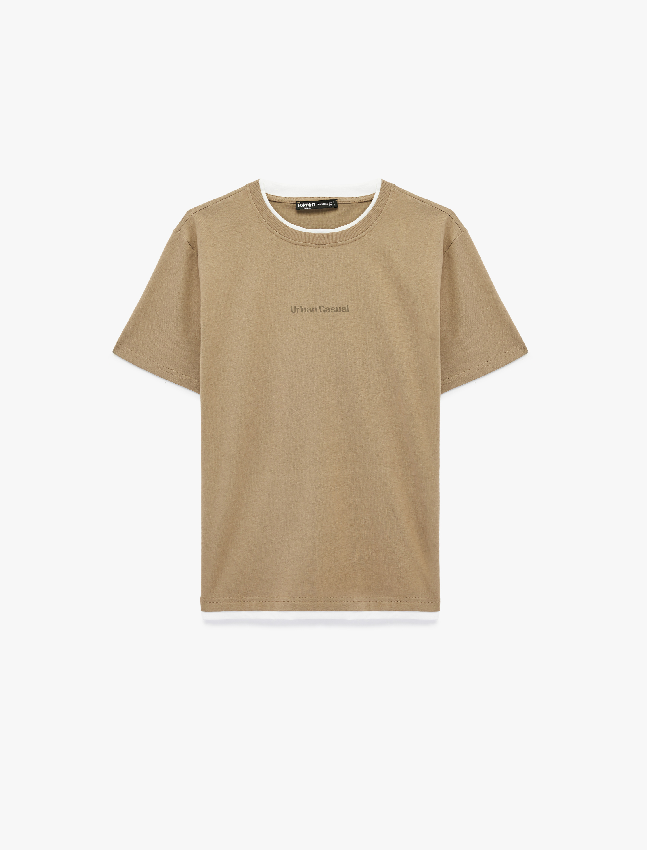   Regular Fit Kısa Kollu Bisiklet Yaka Pamuklu Kontrast Detaylı Baskılı Tişört