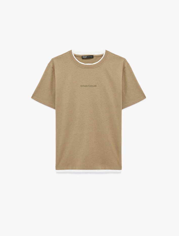  Regular Fit Kısa Kollu Bisiklet Yaka Pamuklu Kontrast Detaylı Baskılı Tişört