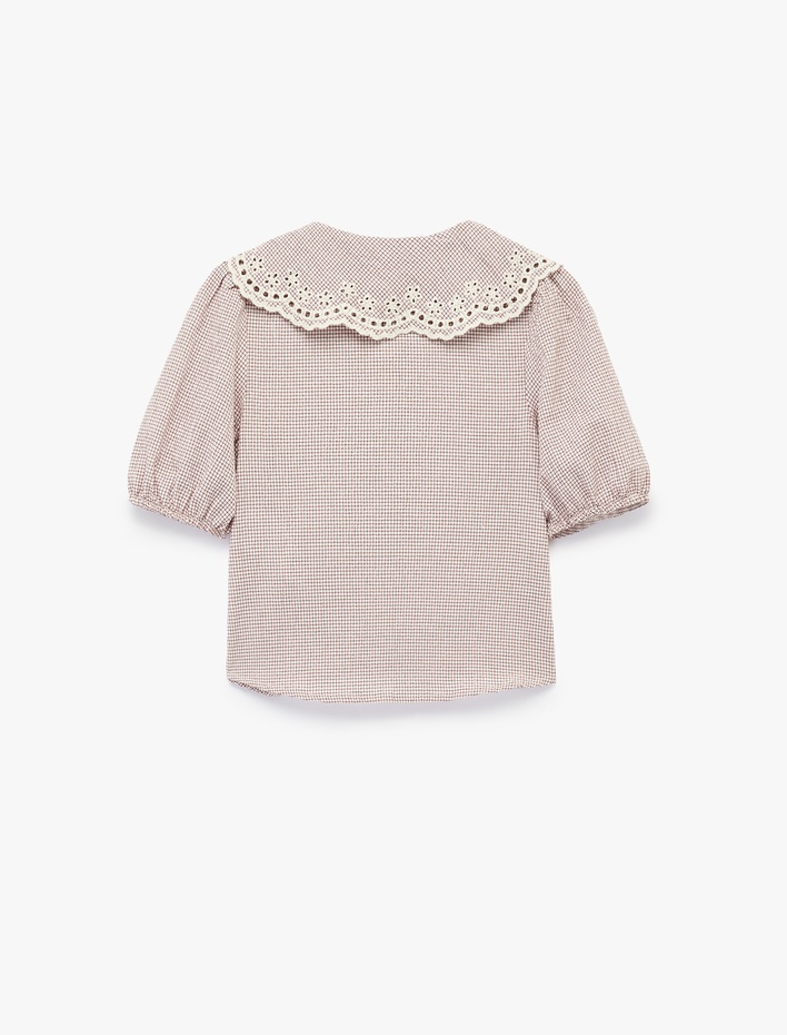 Kız Çocuk Kısa Kollu Pamuk Karışımlı Dantel Detaylı Bebe Yaka Bluz