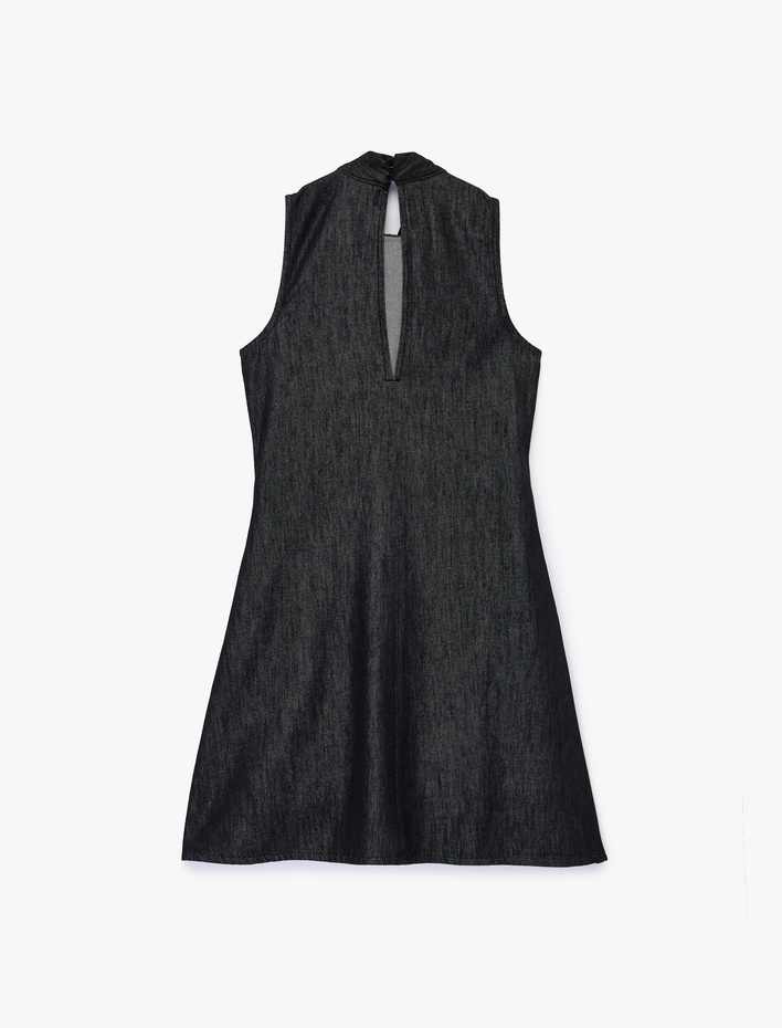  Dik Yaka Kolsuz Mini Denim Elbise