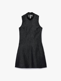 Dik Yaka Kolsuz Mini Denim Elbise