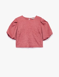 Bisiklet Yaka Kısa Balon Kollu Saten Bluz