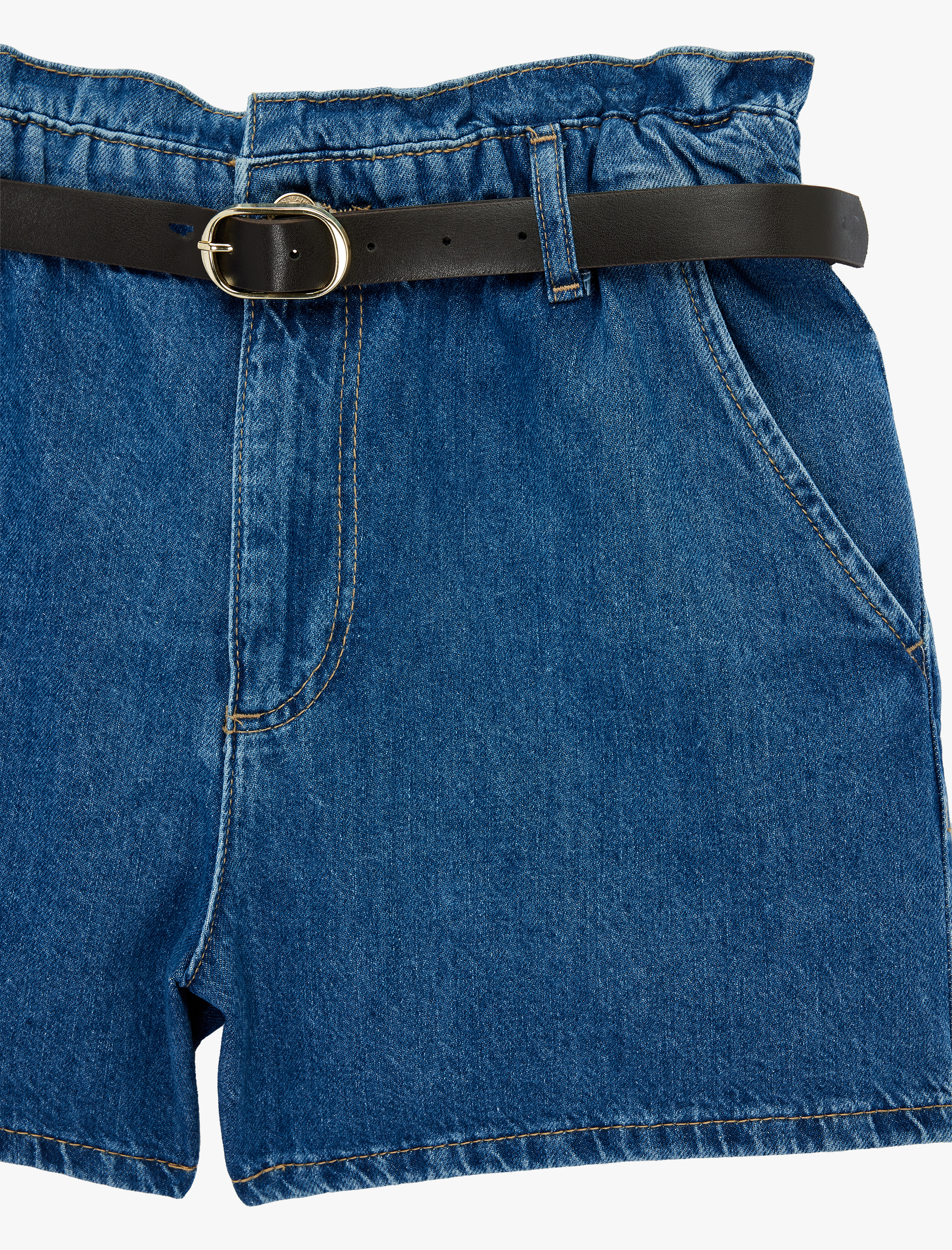   Yüksek Bel Cepli Pamuklu Kemerli Denim Şort