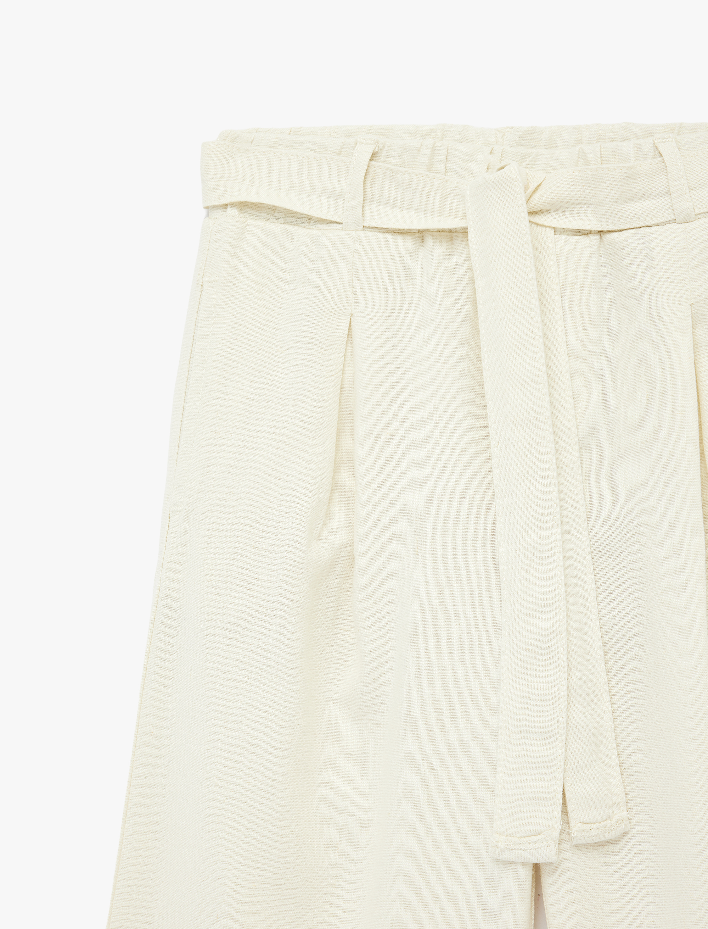  Kız Çocuk Bağlama Kemer Detaylı Cepli Geniş Paça Keten Pantolon