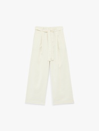 Bağlama Kemer Detaylı Cepli Geniş Paça Keten Pantolon