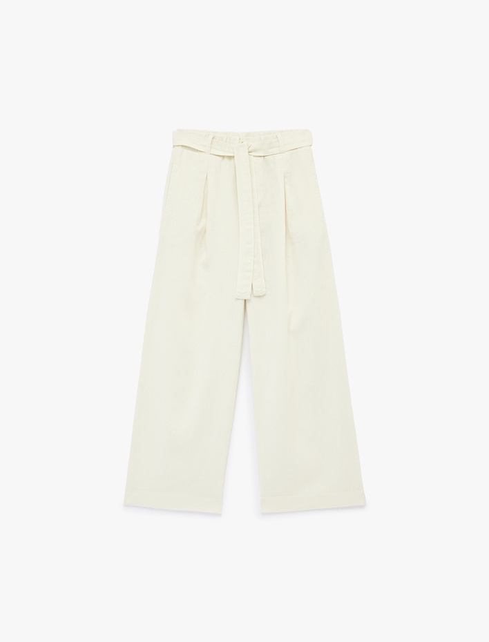 Kız Çocuk Bağlama Kemer Detaylı Cepli Geniş Paça Keten Pantolon