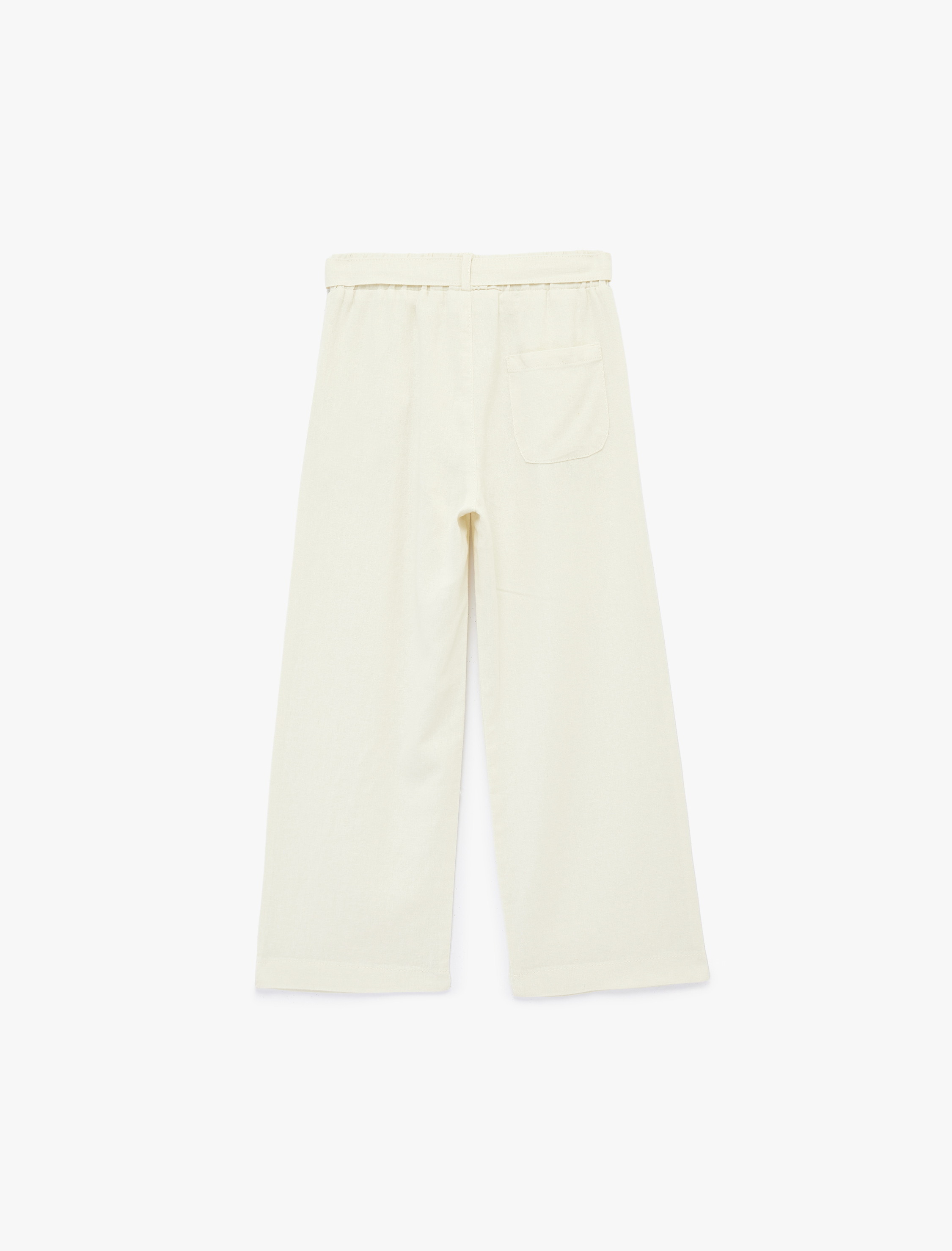  Kız Çocuk Bağlama Kemer Detaylı Cepli Geniş Paça Keten Pantolon