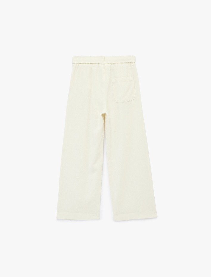 Kız Çocuk Bağlama Kemer Detaylı Cepli Geniş Paça Keten Pantolon