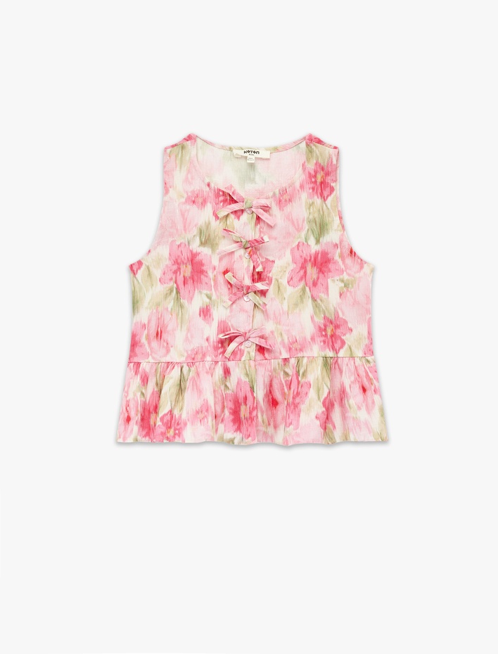 Kız Çocuk Çiçekli Kolsuz Bisiklet Yaka Fiyonklu Viskon Bluz