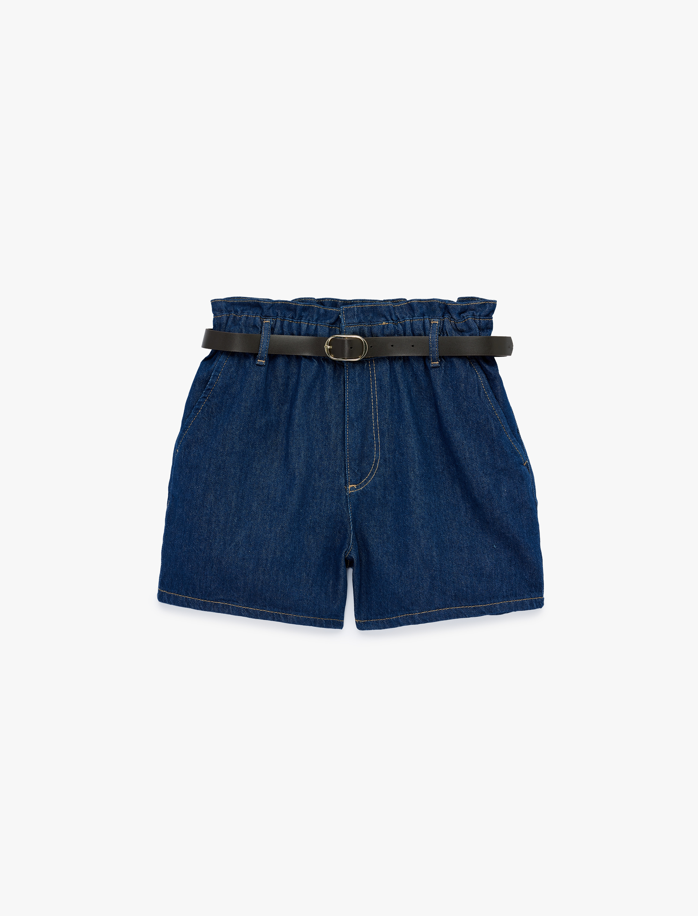   Yüksek Bel Cepli Pamuklu Kemerli Denim Şort