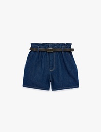 Yüksek Bel Cepli Pamuklu Kemerli Denim Şort