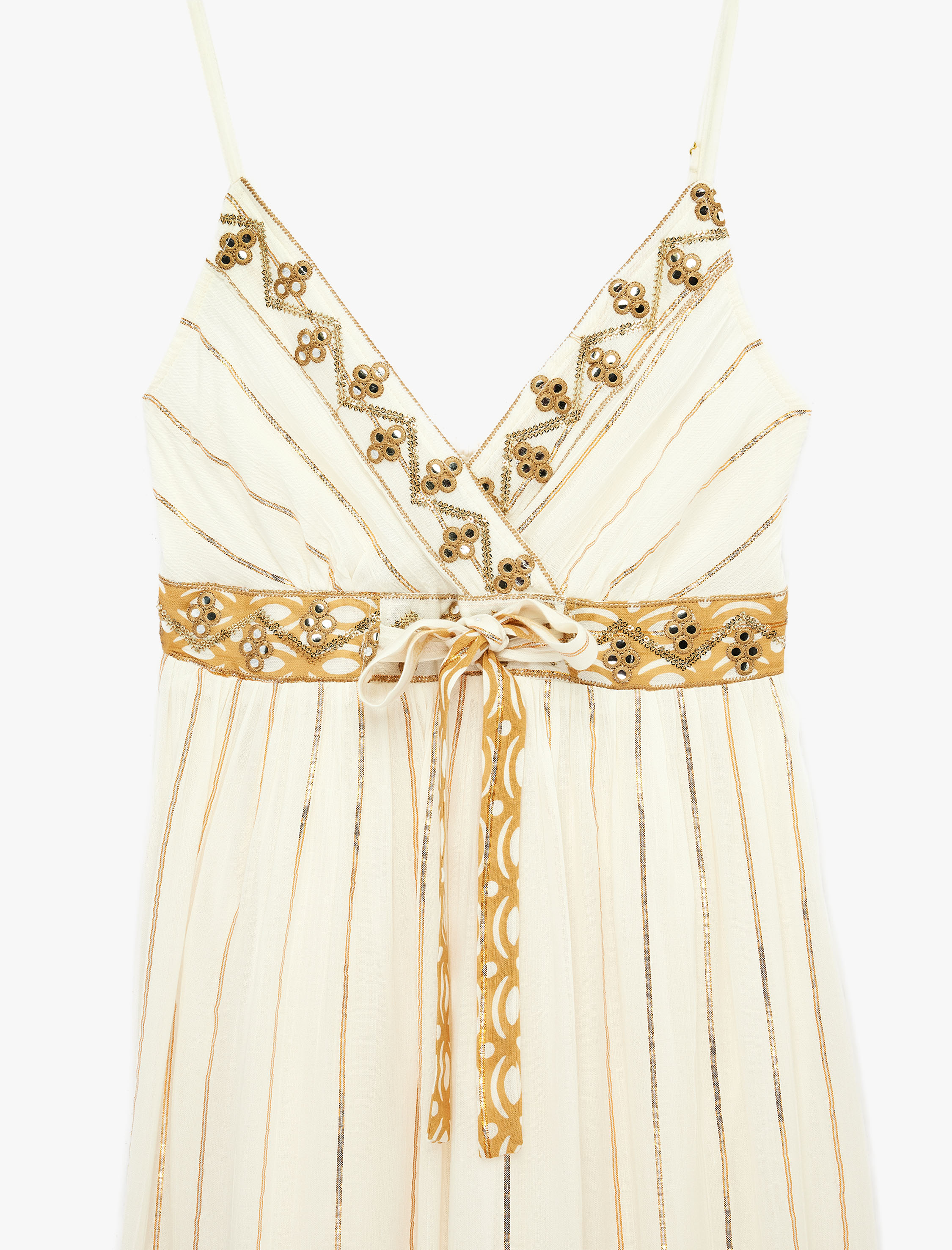   Bağlama Detaylı Etnik Desenli Parıltılı Uzun İnce Askılı Elbise