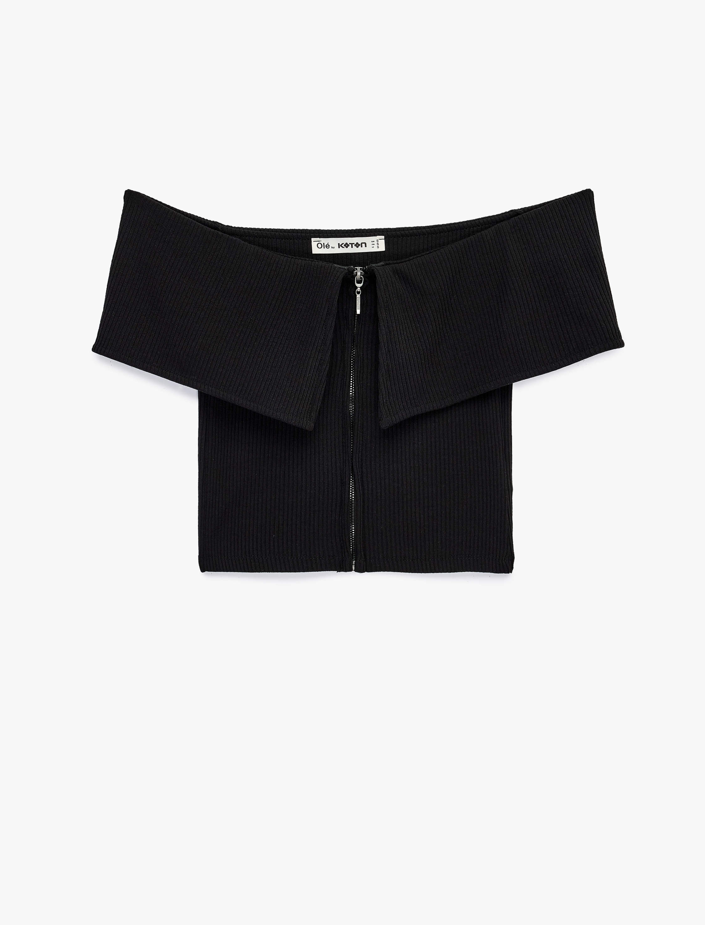   Slim Fit Fermuar Detaylı Omzu Açık Kaşkorse Kısa Kollu Tişört