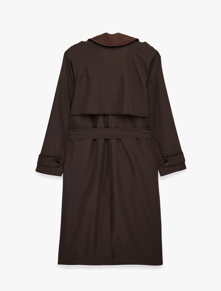  Uzun Kollu Kemerli Kruvaze Oversize Gabardin Trençkot