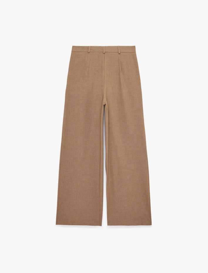  Yüksek Bel Viskon Karışımlı Pileli Geniş Paça Pantolon