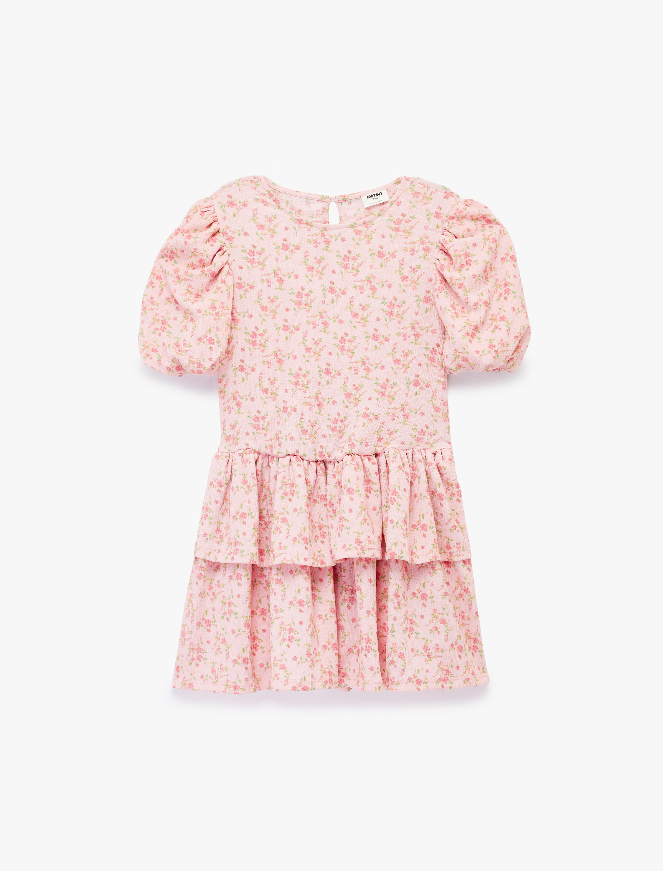  Kız Çocuk Balon Kollu Bisiklet Yaka Kat Detaylı Çiçekli Elbise