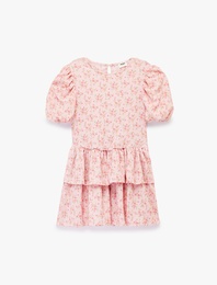 Balon Kollu Bisiklet Yaka Kat Detaylı Çiçekli Elbise