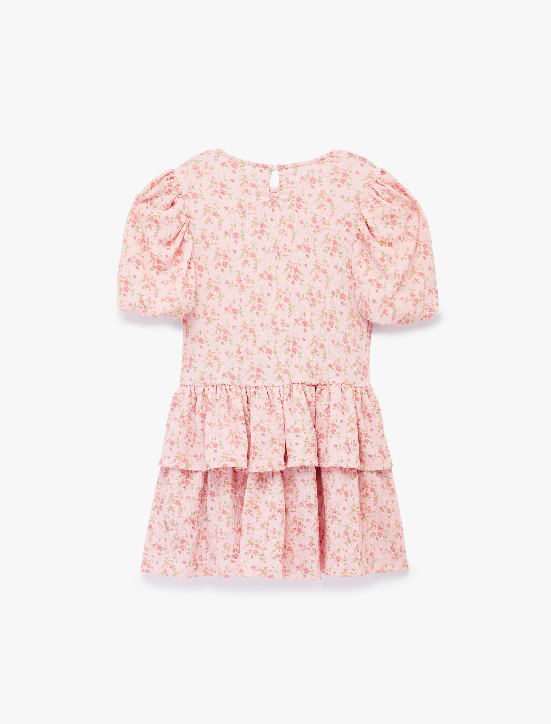  Kız Çocuk Balon Kollu Bisiklet Yaka Kat Detaylı Çiçekli Elbise