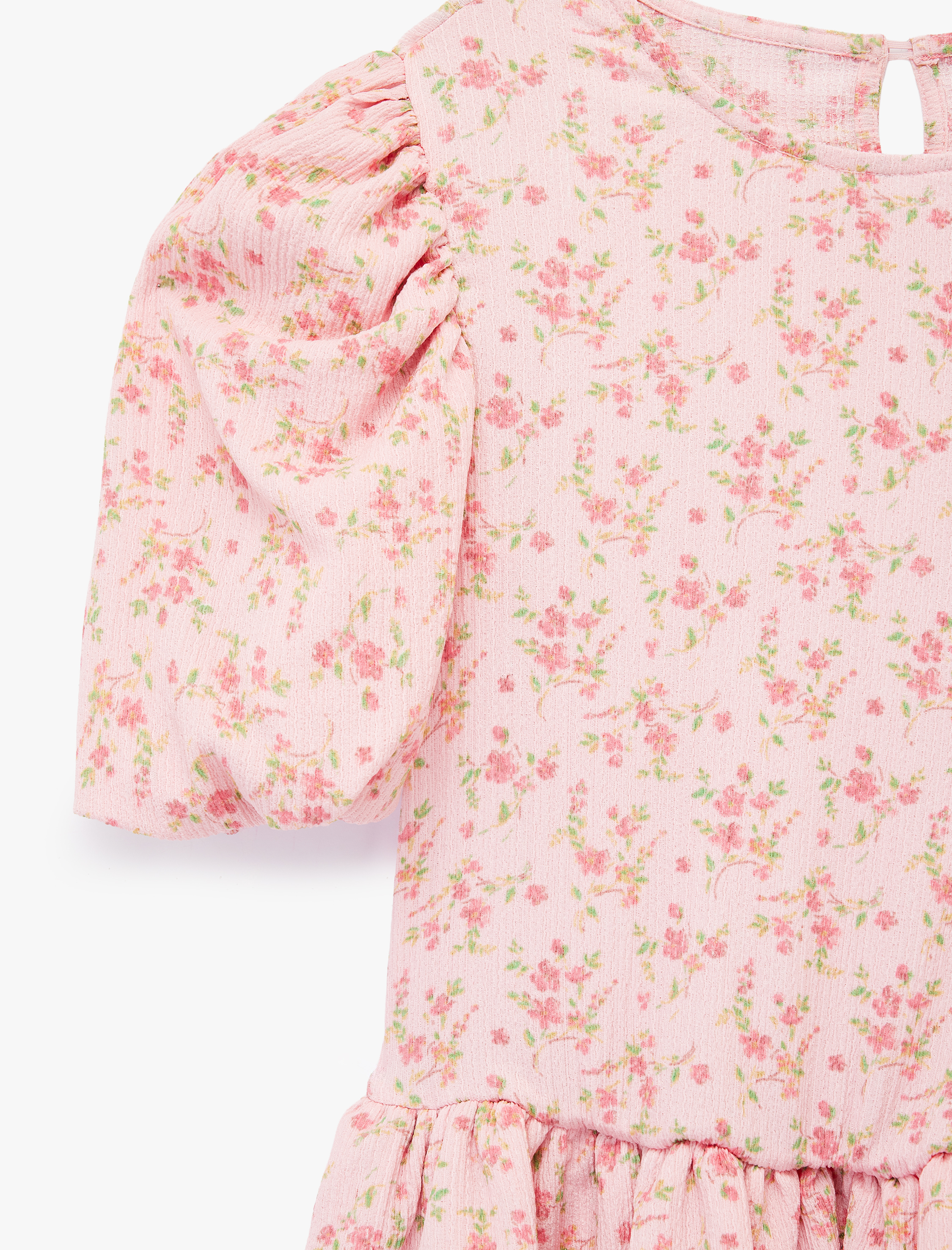  Kız Çocuk Balon Kollu Bisiklet Yaka Kat Detaylı Çiçekli Elbise