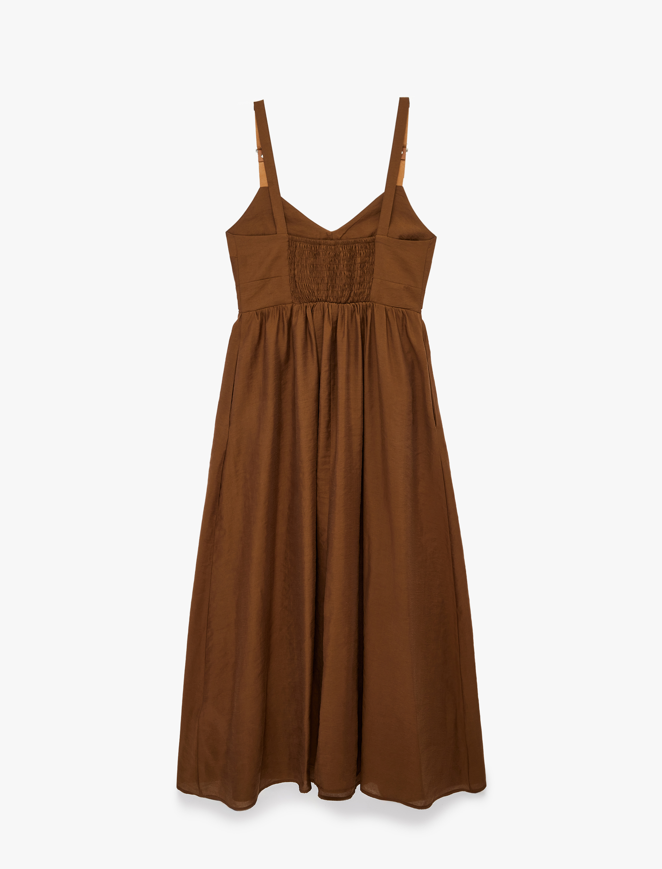   Bol Kalıp V Yaka Cepli Kemer Detaylı Askılı Modal Midi Elbise