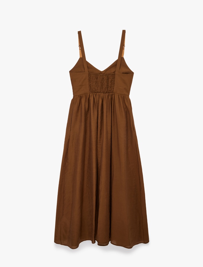  Bol Kalıp V Yaka Cepli Kemer Detaylı Askılı Modal Midi Elbise