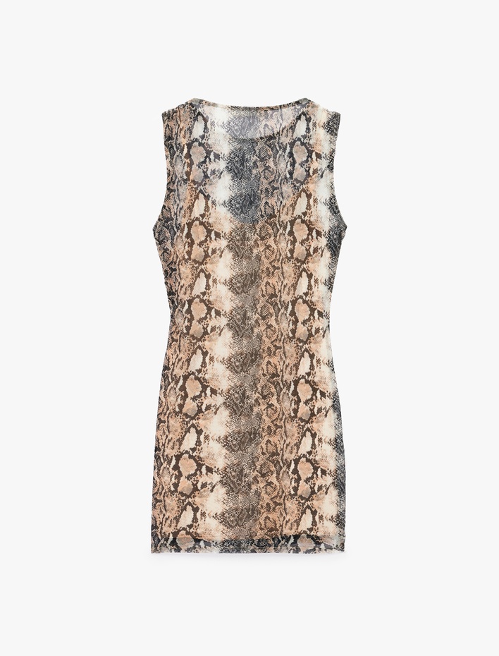  Drapeli Kolsuz Bisiklet Yaka Slim Fit Yılan Derisi Baskılı Mini Tül Elbise