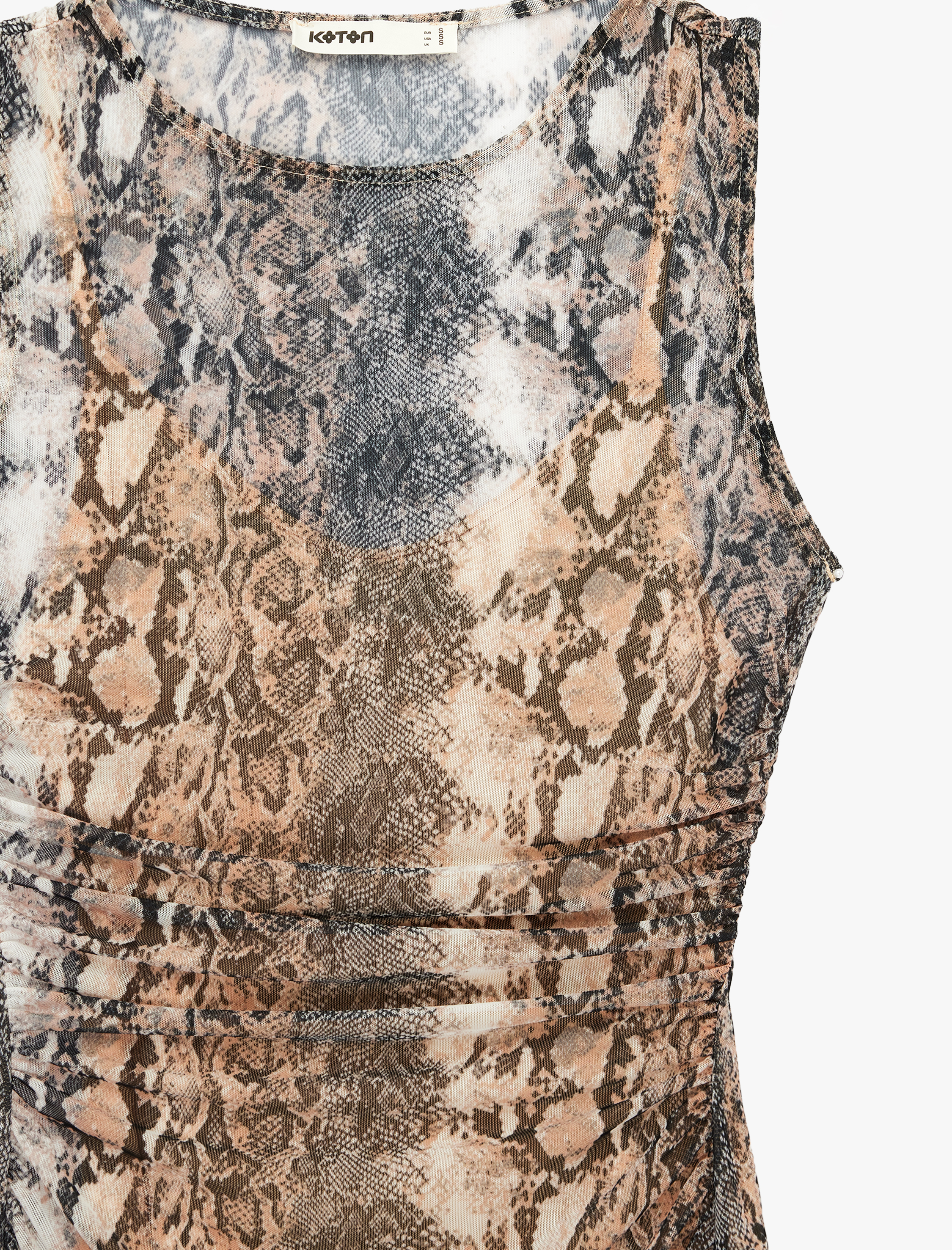   Drapeli Kolsuz Bisiklet Yaka Slim Fit Yılan Derisi Baskılı Mini Tül Elbise