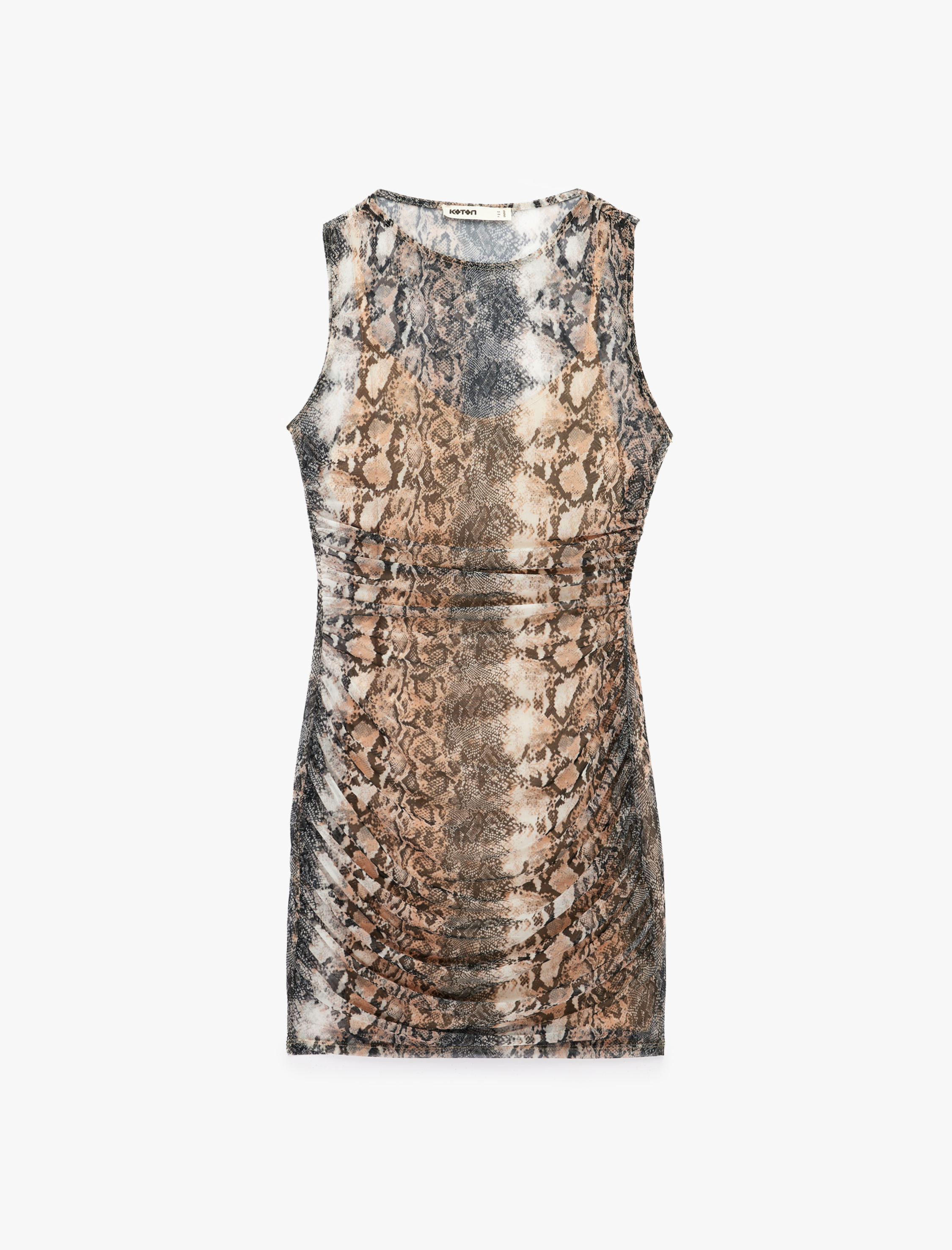   Drapeli Kolsuz Bisiklet Yaka Slim Fit Yılan Derisi Baskılı Mini Tül Elbise