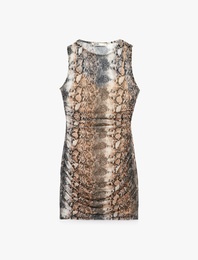Drapeli Kolsuz Bisiklet Yaka Slim Fit Yılan Derisi Baskılı Mini Tül Elbise