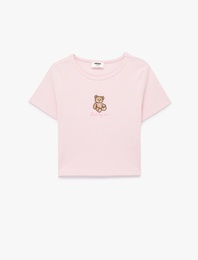 Nakışlı Kısa Kollu Bisiklet Yaka Pamuklu Tişört