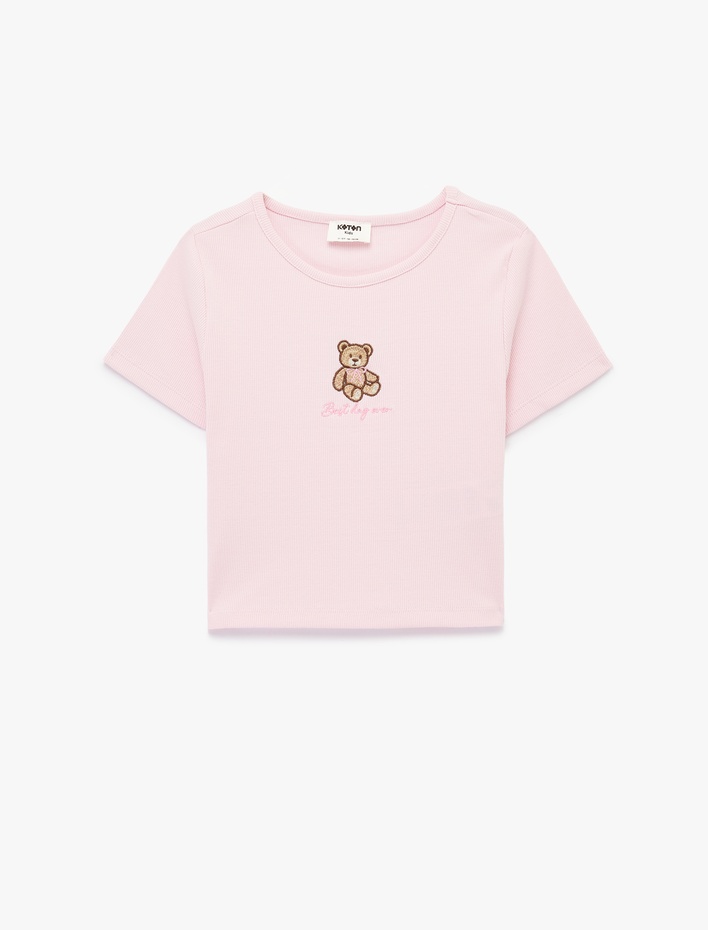 Kız Çocuk Nakışlı Kısa Kollu Bisiklet Yaka Pamuklu Tişört