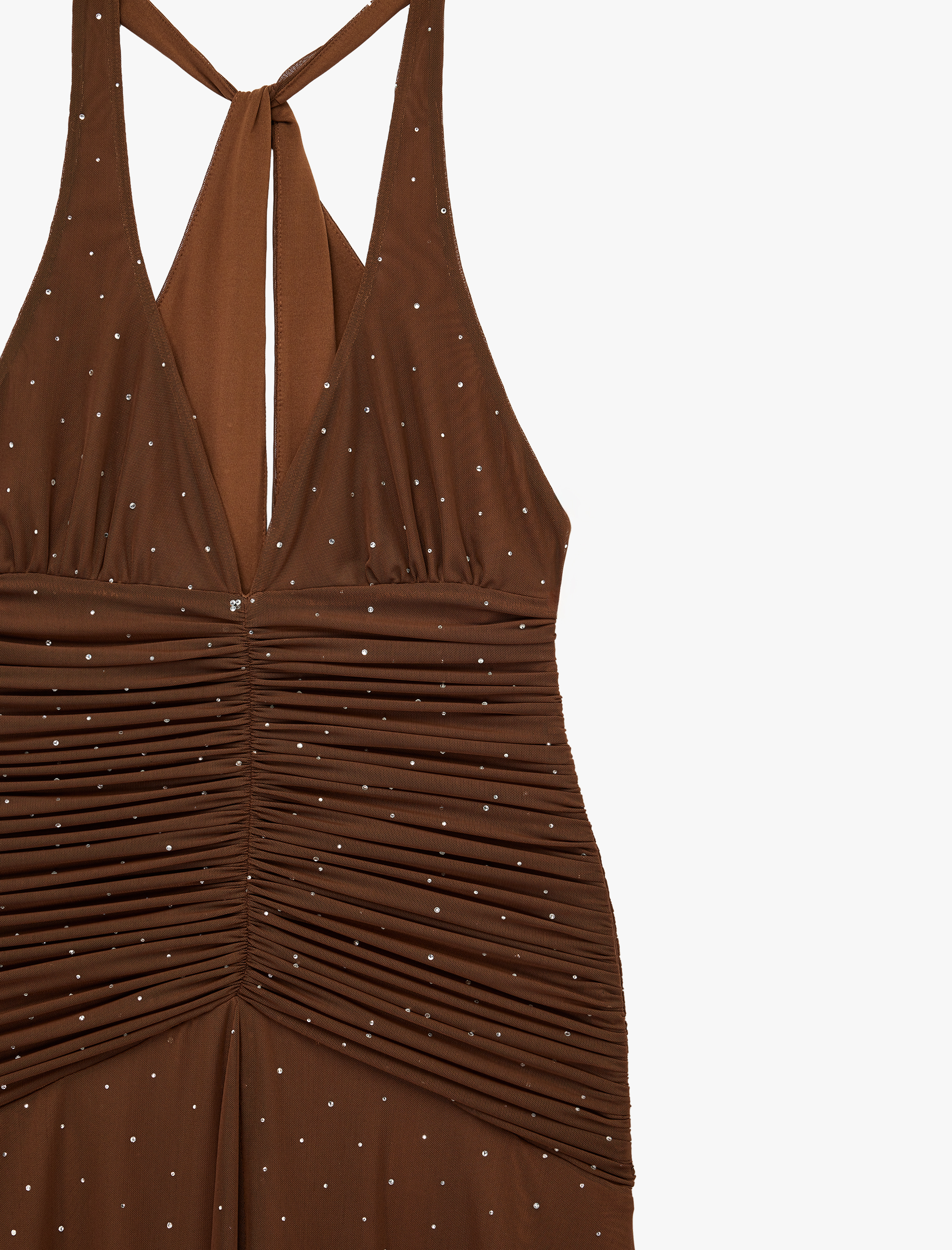   Derin V Yaka Kolsuz Drapeli Bodycon Tüllü Taşlı Abiye Elbise