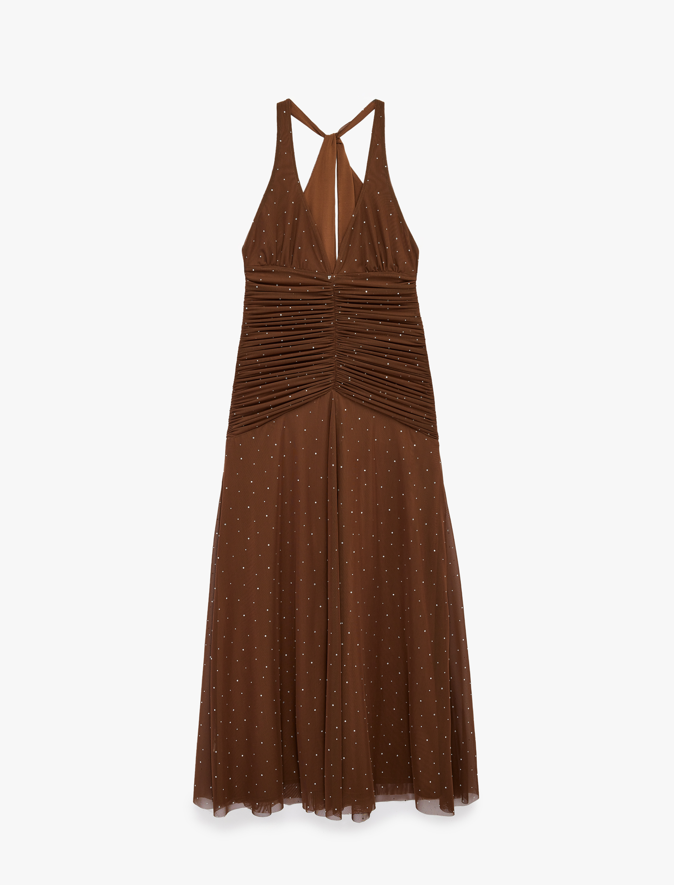   Derin V Yaka Kolsuz Drapeli Bodycon Tüllü Taşlı Abiye Elbise