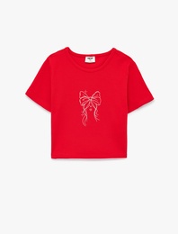 Kısa Kollu Bisiklet Yaka Pamuklu Crop Tişört