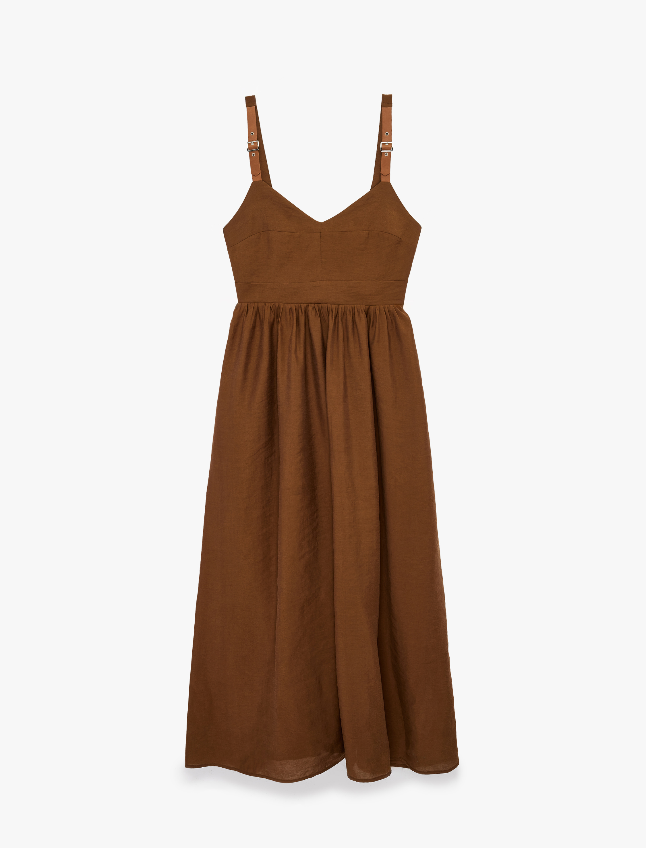   Bol Kalıp V Yaka Cepli Kemer Detaylı Askılı Modal Midi Elbise