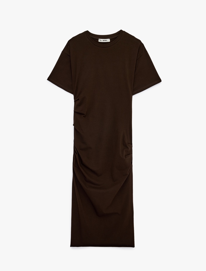  Büzgü Detaylı Kısa Kollu Bisiklet Yaka Pamuklu Uzun Elbise