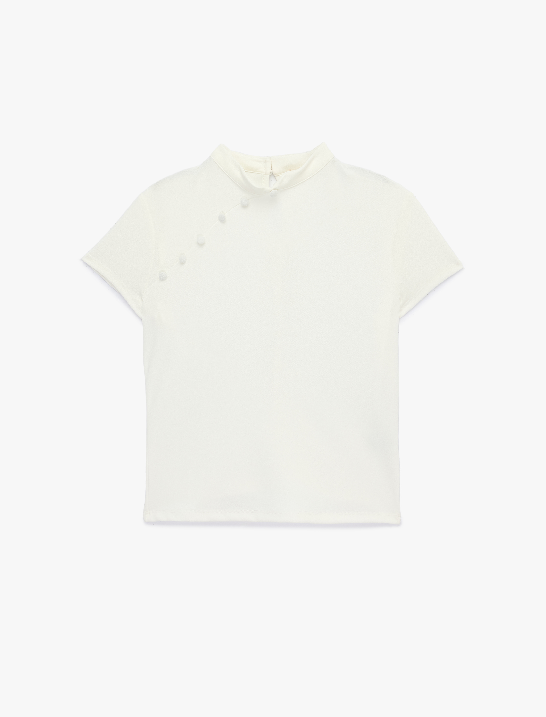   Krep Scuba Kumaş Slim Fit Kısa Kollu Düğmeli Dik Qipao Yaka Tişört