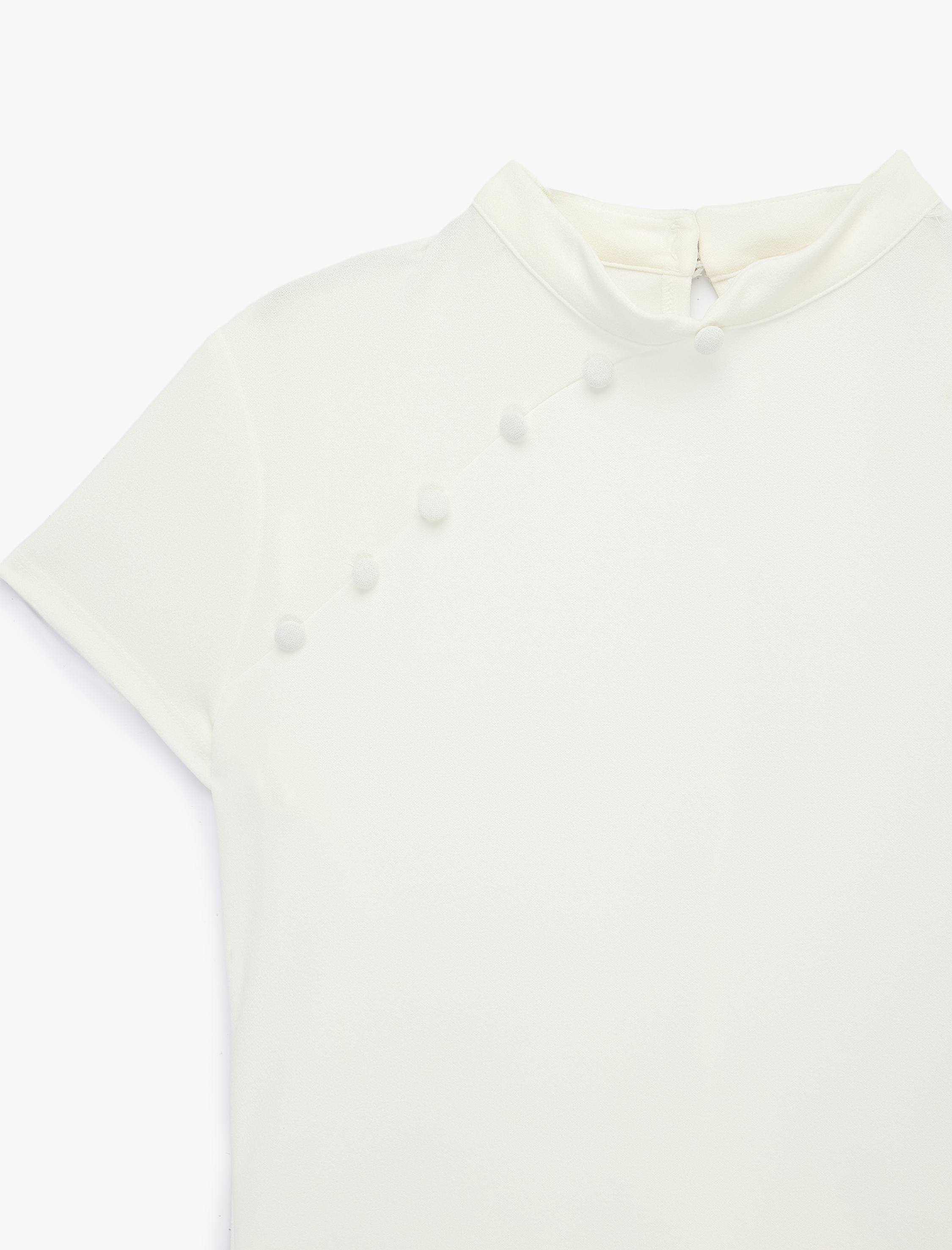   Krep Scuba Kumaş Slim Fit Kısa Kollu Düğmeli Dik Qipao Yaka Tişört