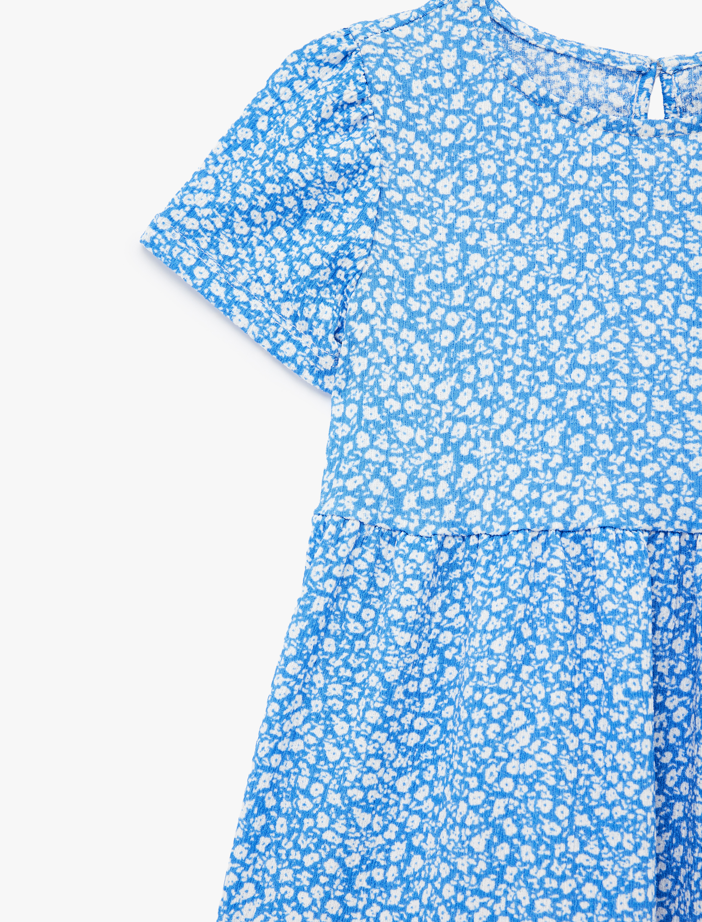  Kız Çocuk Bisiklet Yaka Kısa Kollu Kat Detaylı Desenli Elbise