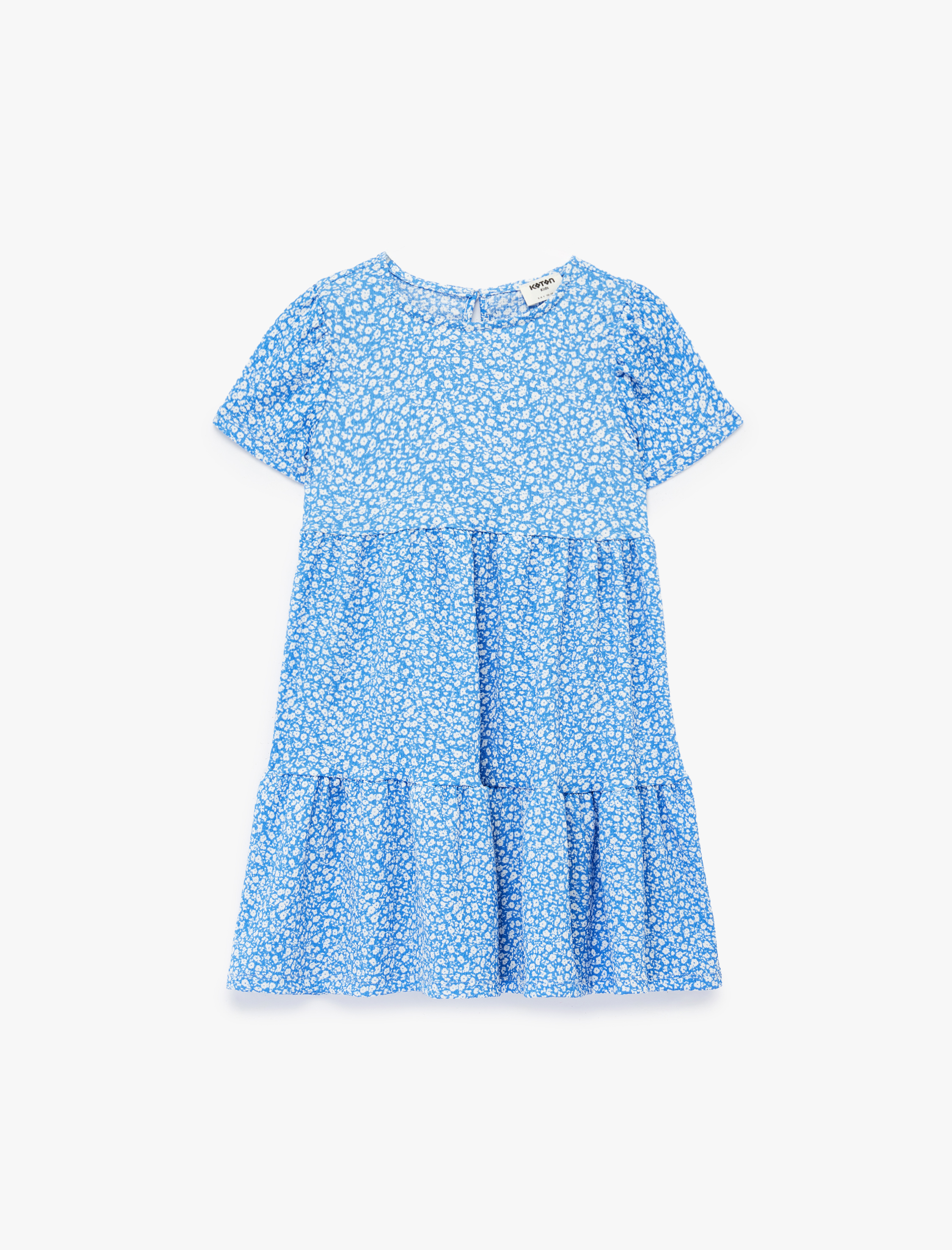  Kız Çocuk Bisiklet Yaka Kısa Kollu Kat Detaylı Desenli Elbise