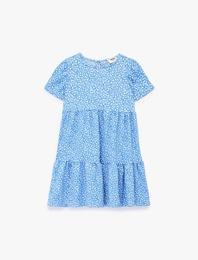 Bisiklet Yaka Kısa Kollu Kat Detaylı Desenli Elbise