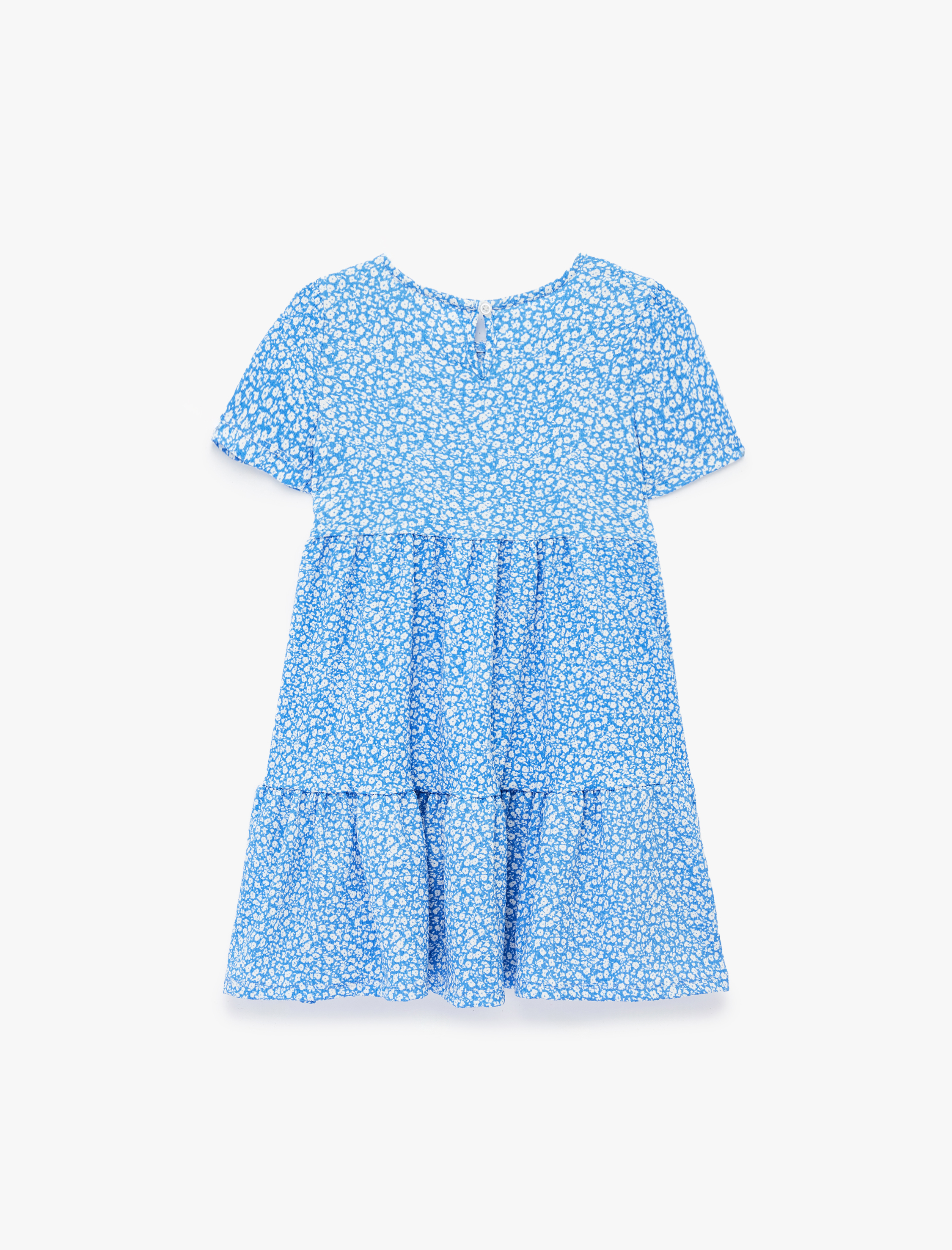  Kız Çocuk Bisiklet Yaka Kısa Kollu Kat Detaylı Desenli Elbise