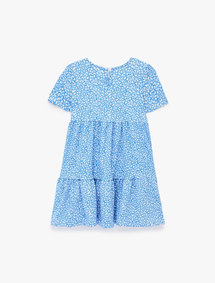 Kız Çocuk Bisiklet Yaka Kısa Kollu Kat Detaylı Desenli Elbise