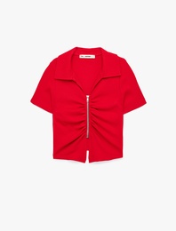 Slim Fit Kısa Kollu Klasik Yaka Fermuarlı Pamuklu Tişört